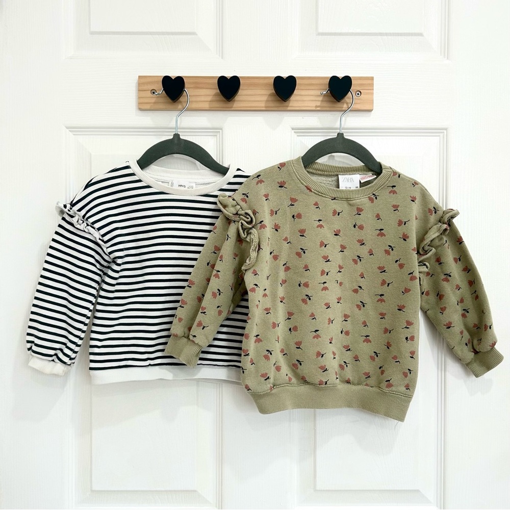 Baby Girl Set of Zara Green Floral Print & Mango MNG Striped Sweatshirt 12-18 mo